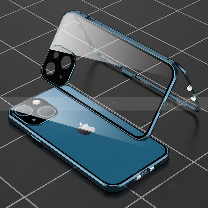 Custodia Lusso Alluminio Laterale Specchio 360 Gradi Cover M04 per Apple iPhone 15 Blu