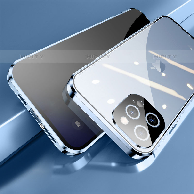Custodia Lusso Alluminio Laterale Specchio 360 Gradi Cover M04 per Apple iPhone 15 Pro Blu