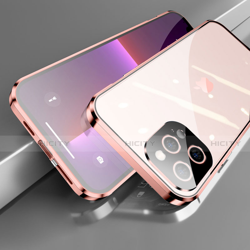 Custodia Lusso Alluminio Laterale Specchio 360 Gradi Cover M05 per Apple iPhone 13 Pro Max Oro Rosa