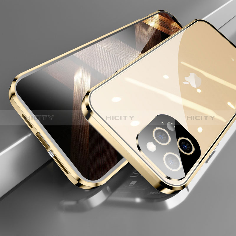 Custodia Lusso Alluminio Laterale Specchio 360 Gradi Cover M05 per Apple iPhone 14 Pro Max Oro