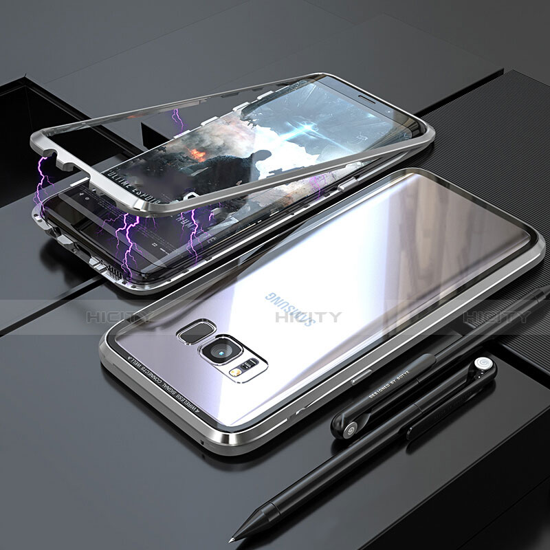 Custodia Lusso Alluminio Laterale Specchio 360 Gradi Cover M05 per Samsung Galaxy S8 Plus Argento