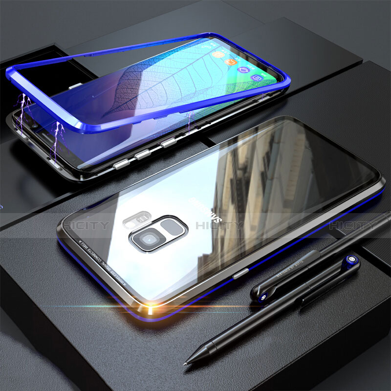Custodia Lusso Alluminio Laterale Specchio 360 Gradi Cover M05 per Samsung Galaxy S9 Blu