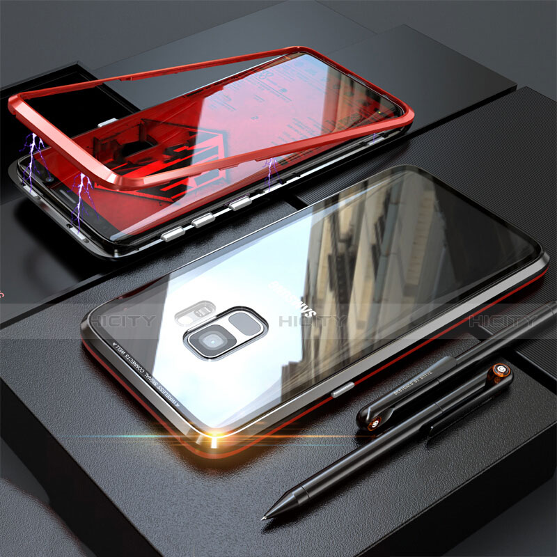 Custodia Lusso Alluminio Laterale Specchio 360 Gradi Cover M05 per Samsung Galaxy S9 Rosso e Nero