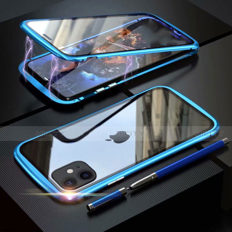 Custodia Lusso Alluminio Laterale Specchio 360 Gradi Cover M07 per Apple iPhone 11 Cielo Blu