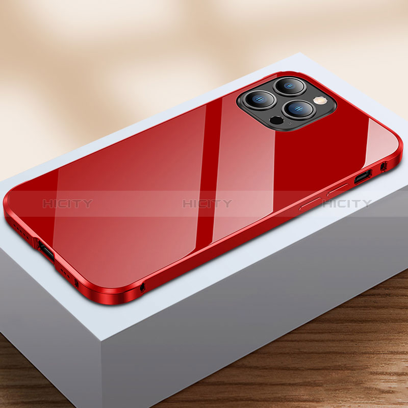 Custodia Lusso Alluminio Laterale Specchio 360 Gradi Cover M07 per Apple iPhone 14 Pro Max Rosso