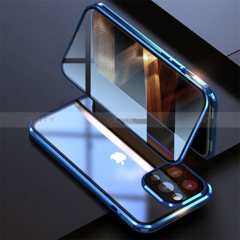 Custodia Lusso Alluminio Laterale Specchio 360 Gradi Cover M08 per Apple iPhone 14 Pro Max Blu