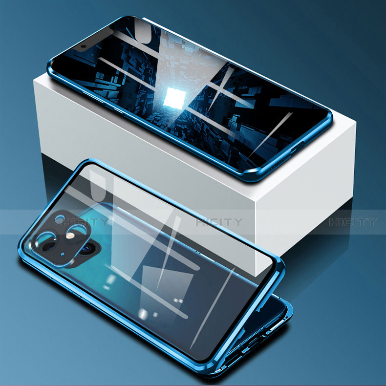 Custodia Lusso Alluminio Laterale Specchio 360 Gradi Cover M09 per Apple iPhone 13 Blu