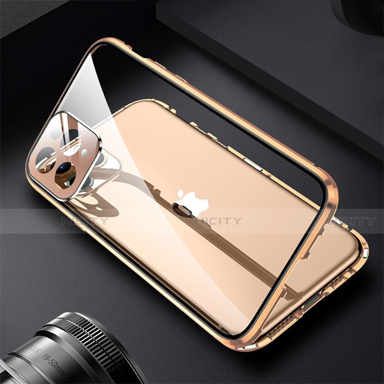 Custodia Lusso Alluminio Laterale Specchio 360 Gradi Cover M09 per Apple iPhone 13 Pro Max Oro