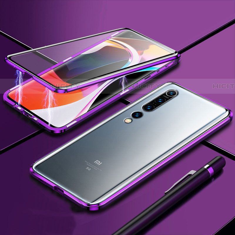 Custodia Lusso Alluminio Laterale Specchio 360 Gradi Cover M09 per Xiaomi Mi 10 Pro Viola