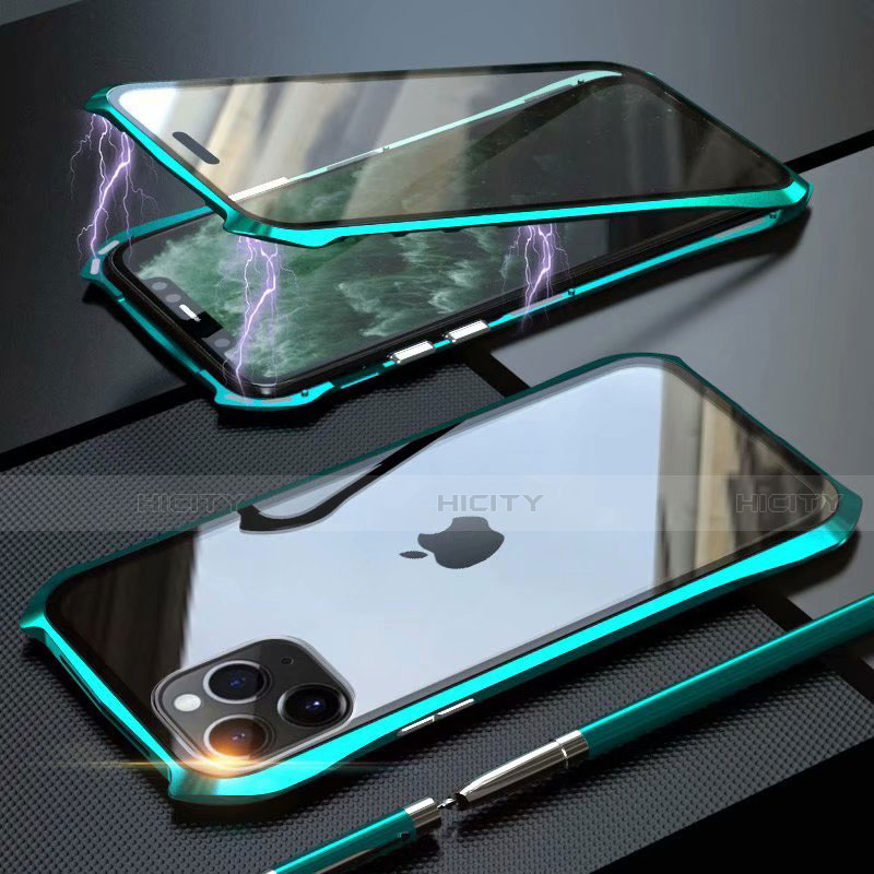 Custodia Lusso Alluminio Laterale Specchio 360 Gradi Cover M10 per Apple iPhone 11 Pro Ciano