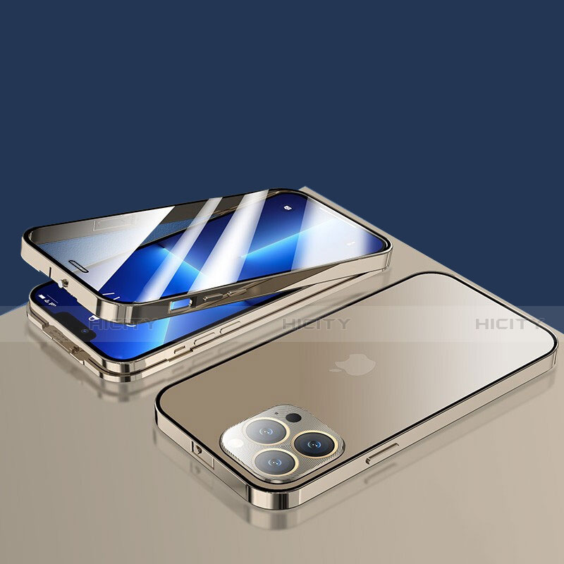 Custodia Lusso Alluminio Laterale Specchio 360 Gradi Cover M10 per Apple iPhone 13 Pro Max Oro