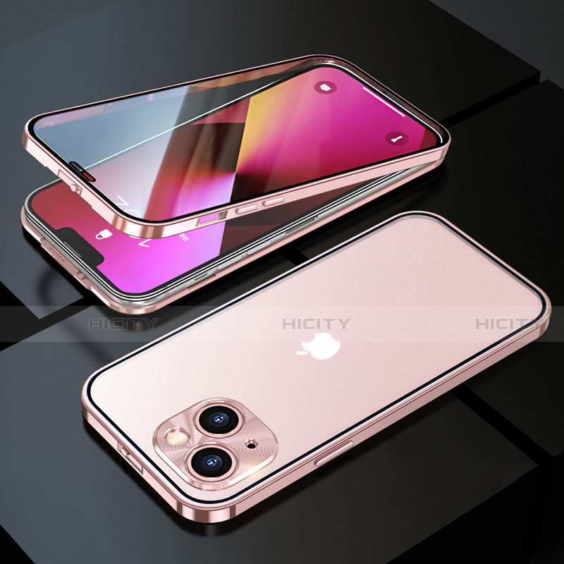 Custodia Lusso Alluminio Laterale Specchio 360 Gradi Cover M10 per Apple iPhone 14 Plus Oro Rosa