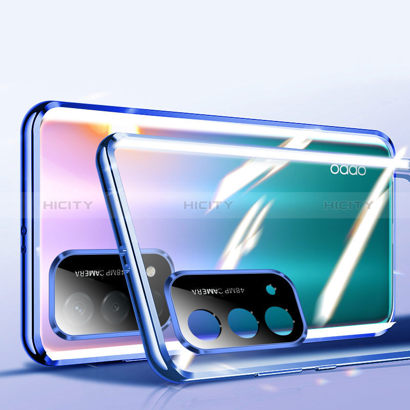 Custodia Lusso Alluminio Laterale Specchio 360 Gradi Cover P01 per Oppo A74 5G Blu
