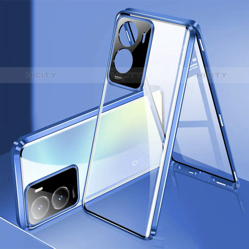 Custodia Lusso Alluminio Laterale Specchio 360 Gradi Cover P01 per Vivo iQOO Z7 5G Blu