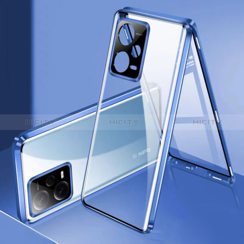 Custodia Lusso Alluminio Laterale Specchio 360 Gradi Cover P01 per Xiaomi Redmi Note 12 Pro 5G Blu