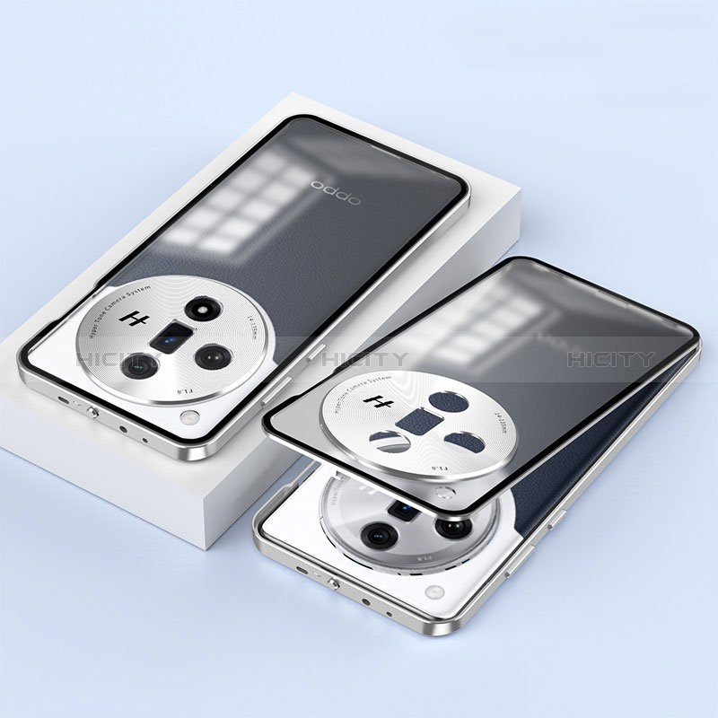 Custodia Lusso Alluminio Laterale Specchio 360 Gradi Cover P02 per Oppo Find X7 5G Argento