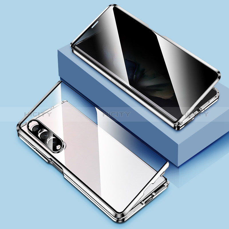 Custodia Lusso Alluminio Laterale Specchio 360 Gradi Cover P02 per Samsung Galaxy Z Fold3 5G Argento