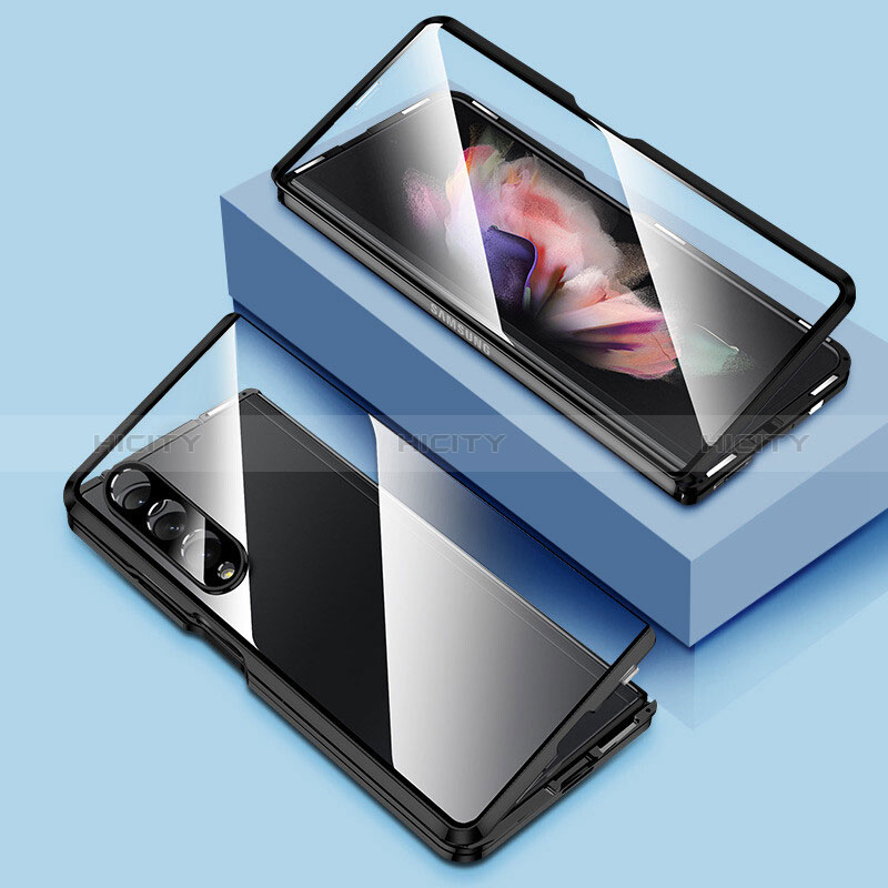 Custodia Lusso Alluminio Laterale Specchio 360 Gradi Cover P03 per Samsung Galaxy Z Fold3 5G Nero