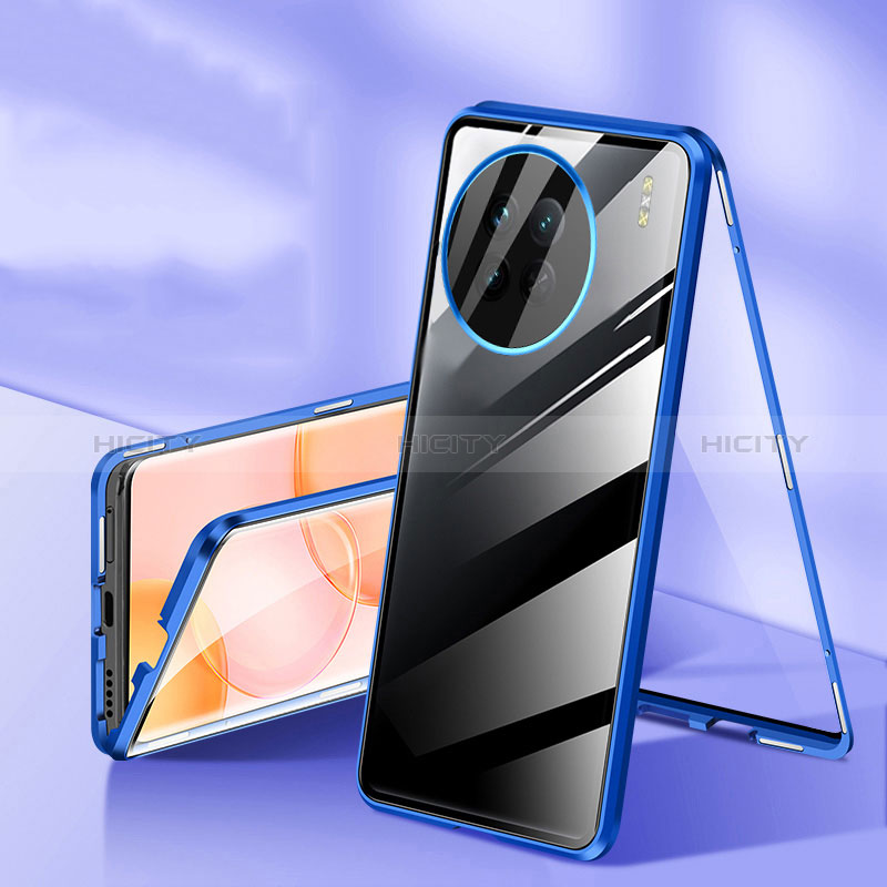 Custodia Lusso Alluminio Laterale Specchio 360 Gradi Cover P04 per OnePlus 11 5G Blu
