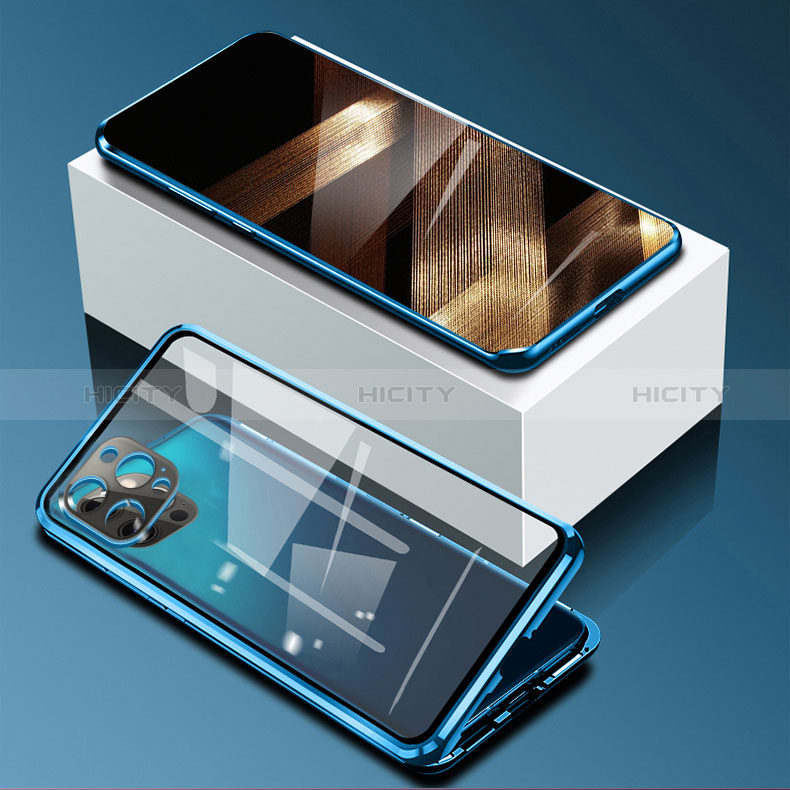 Custodia Lusso Alluminio Laterale Specchio 360 Gradi Cover per Apple iPhone 14 Pro Blu