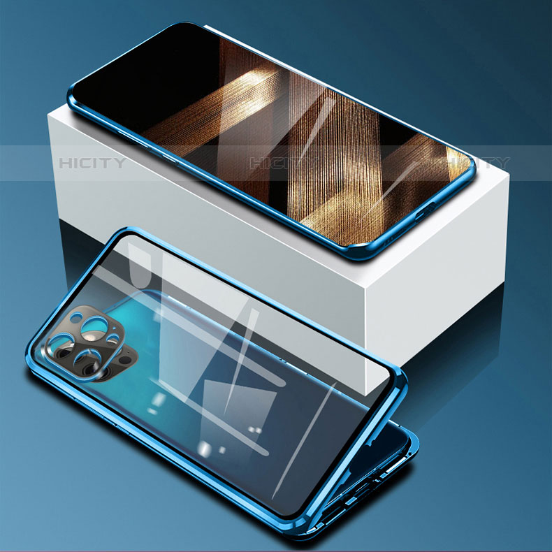 Custodia Lusso Alluminio Laterale Specchio 360 Gradi Cover per Apple iPhone 15 Pro Blu