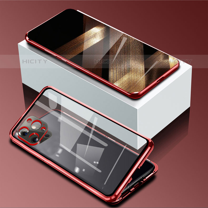 Custodia Lusso Alluminio Laterale Specchio 360 Gradi Cover per Apple iPhone 15 Pro Rosso