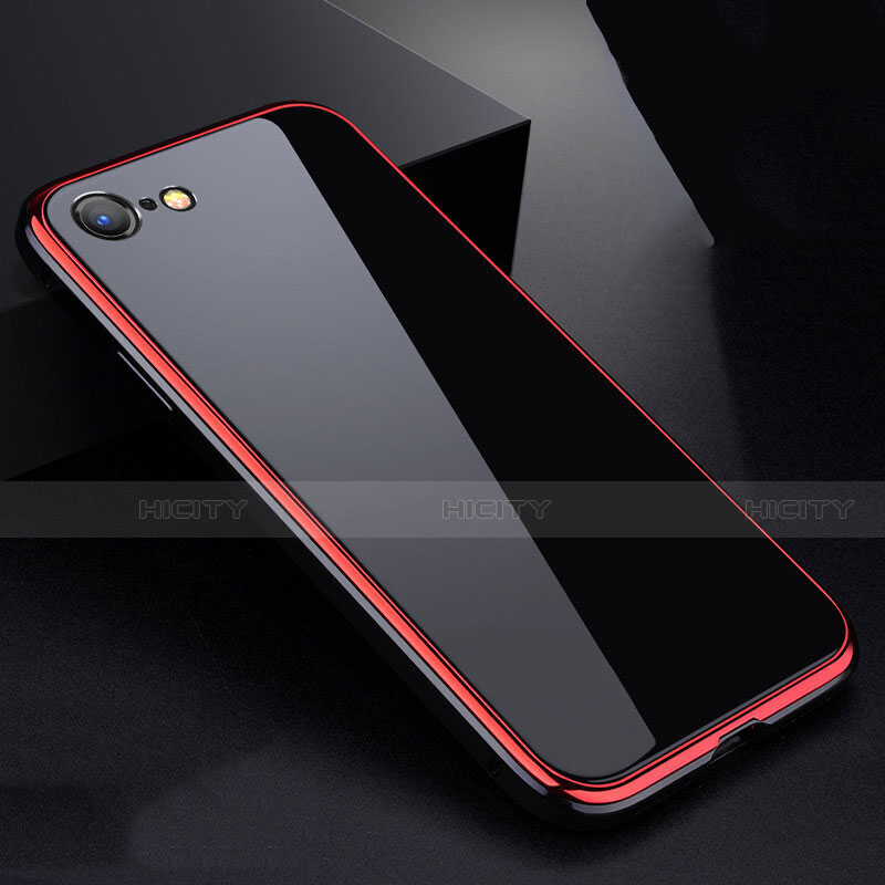 Custodia Lusso Alluminio Laterale Specchio 360 Gradi Cover per Apple iPhone SE (2020) Rosso e Nero