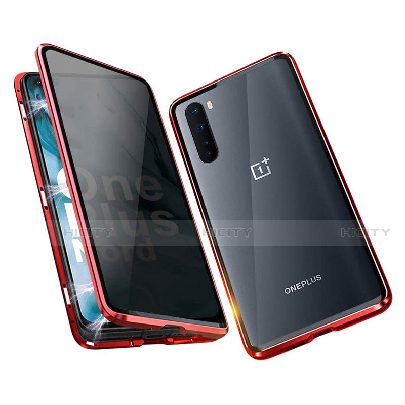 Custodia Lusso Alluminio Laterale Specchio 360 Gradi Cover per OnePlus Nord Rosso