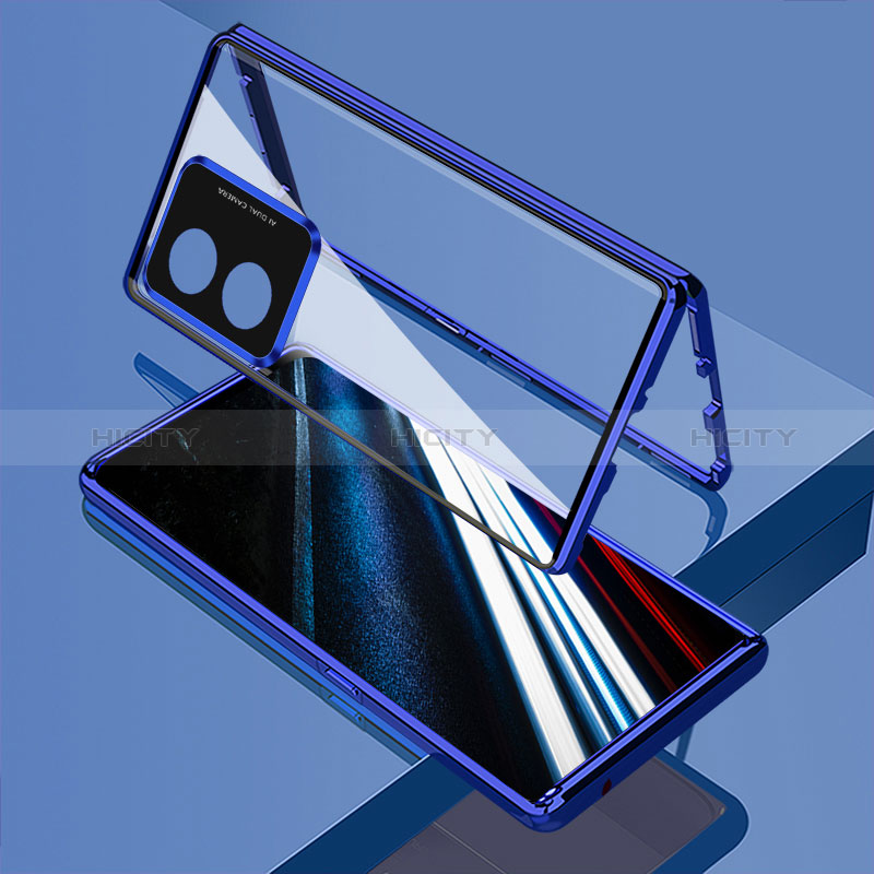 Custodia Lusso Alluminio Laterale Specchio 360 Gradi Cover per Oppo A18 Blu