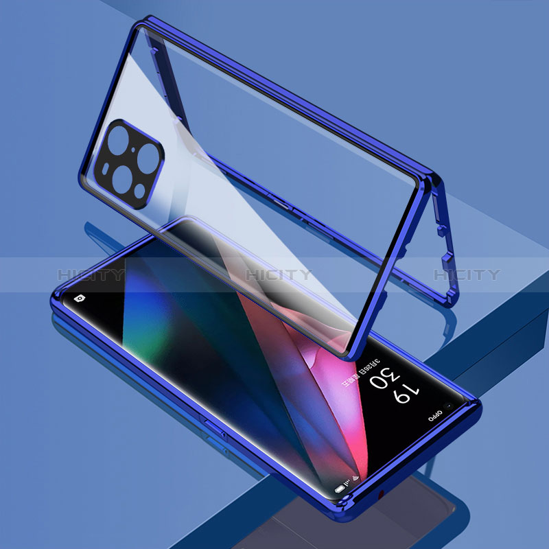 Custodia Lusso Alluminio Laterale Specchio 360 Gradi Cover per Oppo Find X3 5G Blu