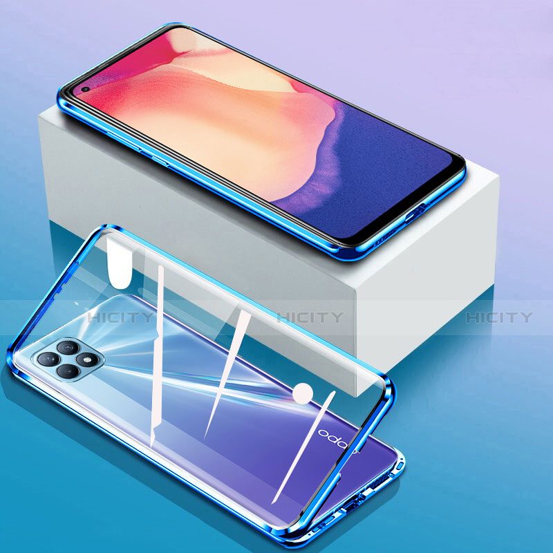 Custodia Lusso Alluminio Laterale Specchio 360 Gradi Cover per Oppo Reno4 SE 5G Blu