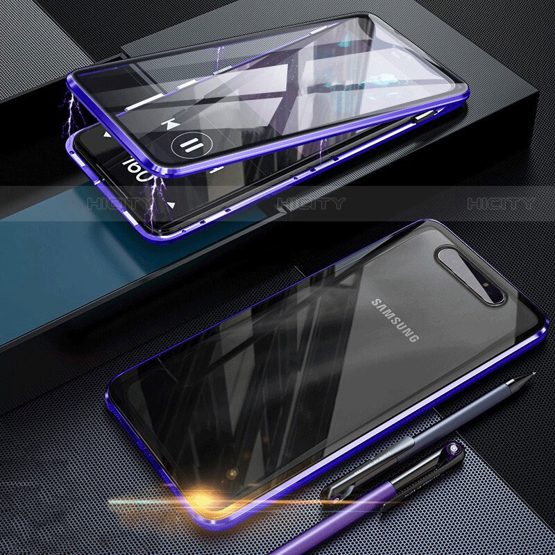 Custodia Lusso Alluminio Laterale Specchio 360 Gradi Cover per Samsung Galaxy A80 Blu