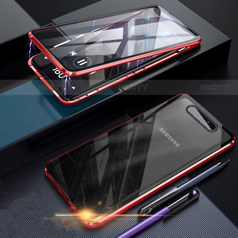 Custodia Lusso Alluminio Laterale Specchio 360 Gradi Cover per Samsung Galaxy A80 Rosso