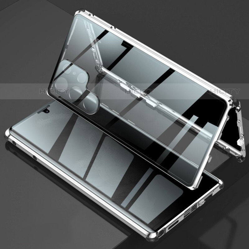 Custodia Lusso Alluminio Laterale Specchio 360 Gradi Cover per Samsung Galaxy S22 Ultra 5G Argento