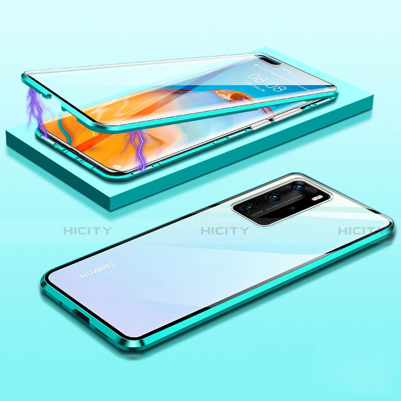 Custodia Lusso Alluminio Laterale Specchio 360 Gradi Cover T01 per Huawei P40 Pro Ciano