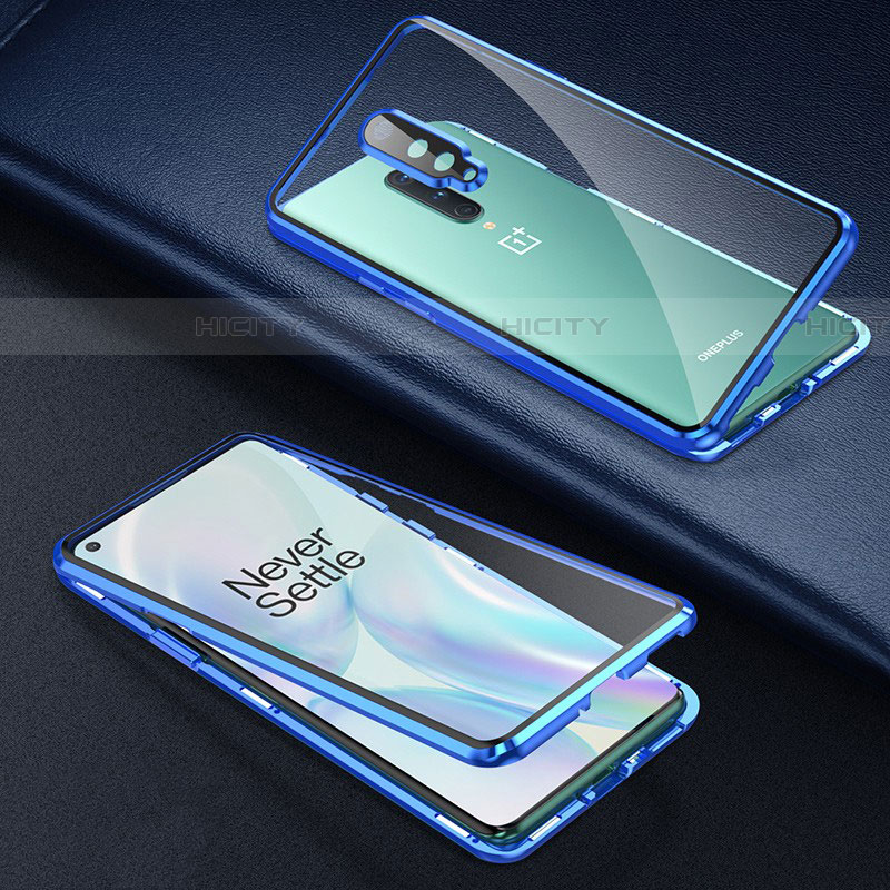 Custodia Lusso Alluminio Laterale Specchio 360 Gradi Cover T01 per OnePlus 8 Blu