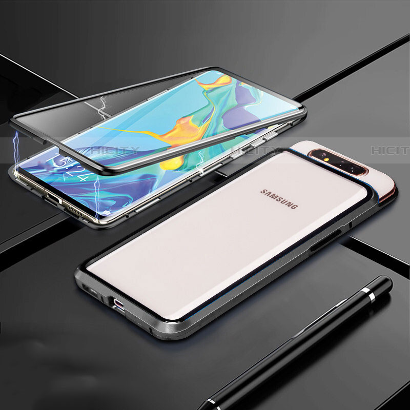 Custodia Lusso Alluminio Laterale Specchio 360 Gradi Cover T01 per Samsung Galaxy A80 Nero