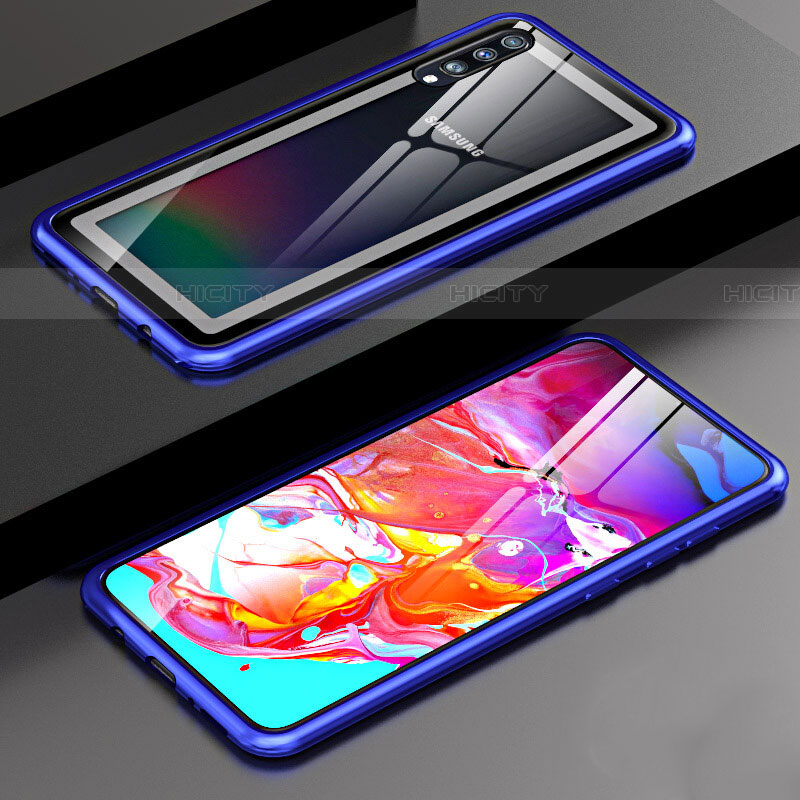 Custodia Lusso Alluminio Laterale Specchio 360 Gradi Cover T01 per Samsung Galaxy A90 5G Blu