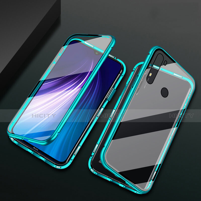 Custodia Lusso Alluminio Laterale Specchio 360 Gradi Cover T01 per Xiaomi Redmi Note 8 (2021) Ciano