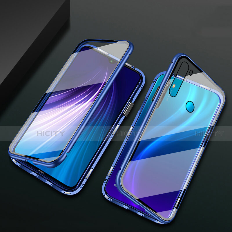 Custodia Lusso Alluminio Laterale Specchio 360 Gradi Cover T01 per Xiaomi Redmi Note 8 Blu