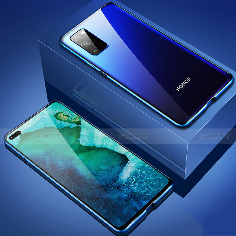 Custodia Lusso Alluminio Laterale Specchio 360 Gradi Cover T02 per Huawei Honor V30 Pro 5G Blu