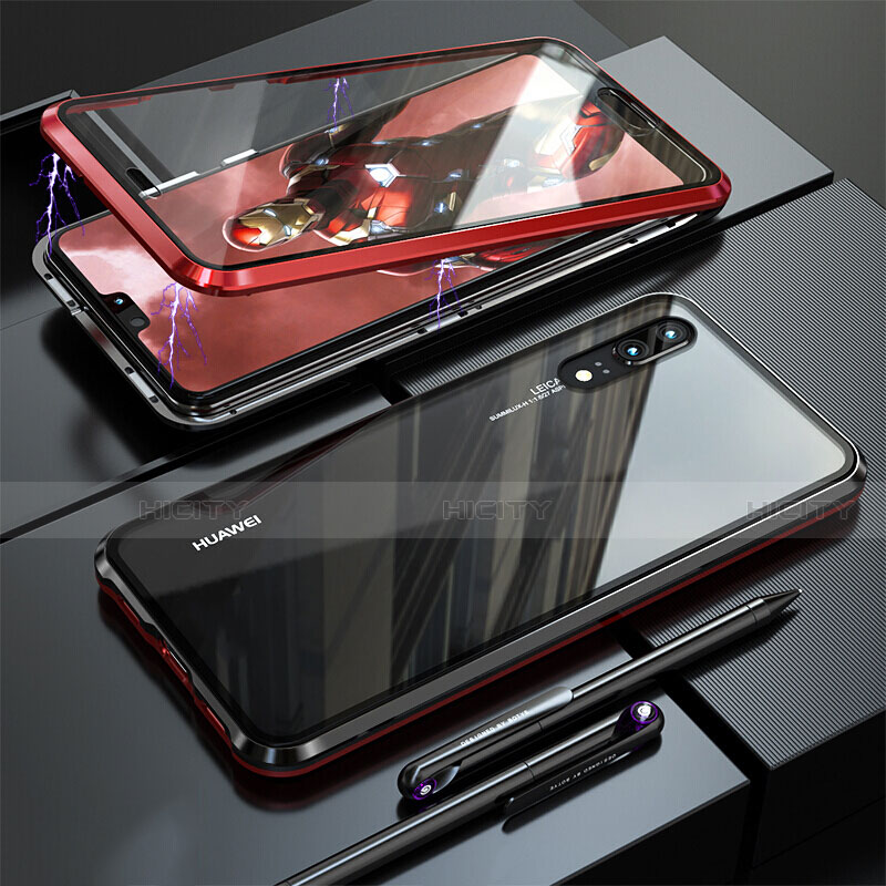 Custodia Lusso Alluminio Laterale Specchio 360 Gradi Cover T02 per Huawei P20 Rosso