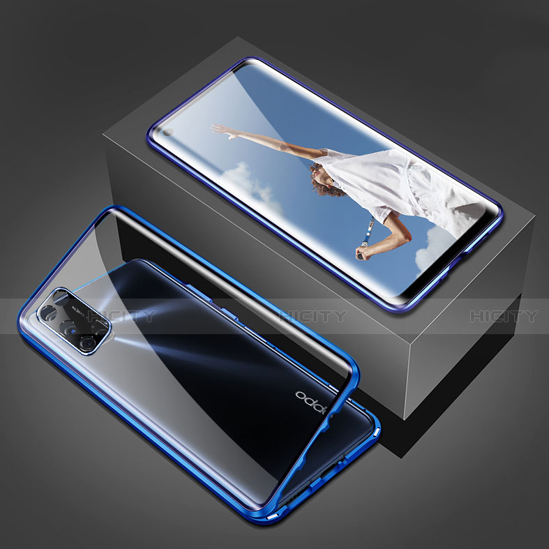 Custodia Lusso Alluminio Laterale Specchio 360 Gradi Cover T02 per Oppo A52 Blu