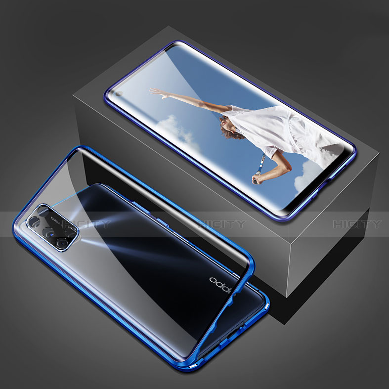 Custodia Lusso Alluminio Laterale Specchio 360 Gradi Cover T02 per Oppo A72 Blu