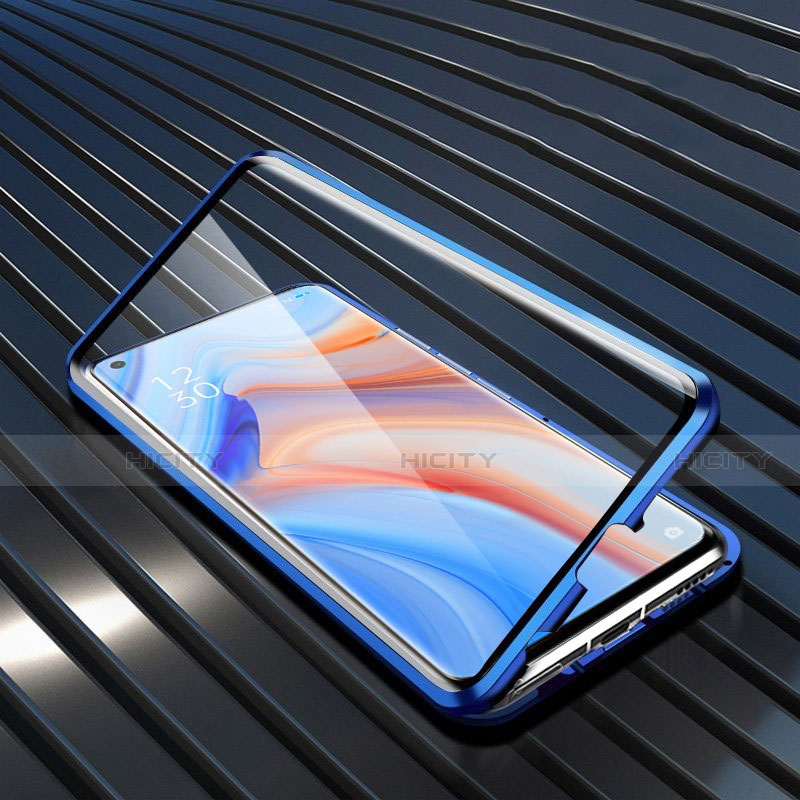 Custodia Lusso Alluminio Laterale Specchio 360 Gradi Cover T02 per Oppo Reno4 Pro 5G Blu