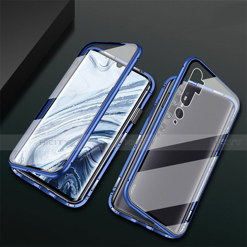 Custodia Lusso Alluminio Laterale Specchio 360 Gradi Cover T02 per Xiaomi Mi Note 10 Blu