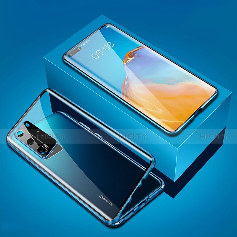 Custodia Lusso Alluminio Laterale Specchio 360 Gradi Cover T05 per Huawei P40 Pro Blu