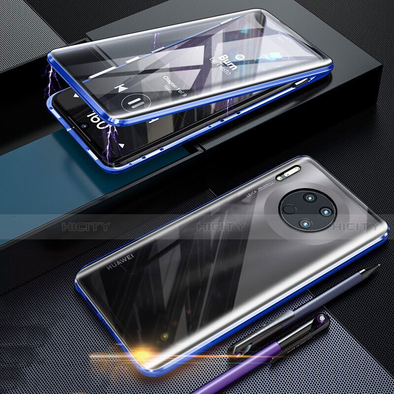 Custodia Lusso Alluminio Laterale Specchio 360 Gradi Cover T07 per Huawei Mate 30 Pro 5G Blu