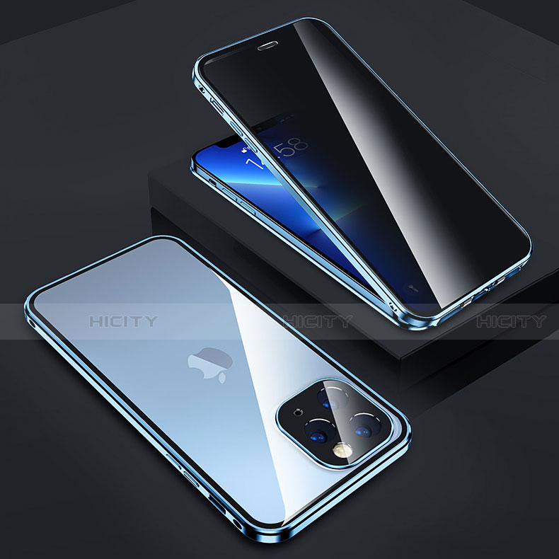Custodia Lusso Alluminio Laterale Specchio 360 Gradi Cover Z05 per Apple iPhone 13 Pro Max Blu