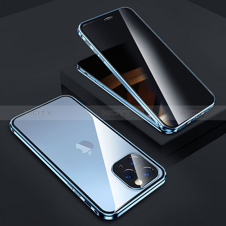 Custodia Lusso Alluminio Laterale Specchio 360 Gradi Cover Z05 per Apple iPhone 14 Pro Blu